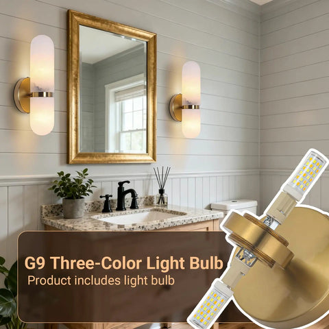 Golbasdena 13in Alabaster Wall Sconces, Gold Wall Lights Bulb Included in a stylish bathroom setting.