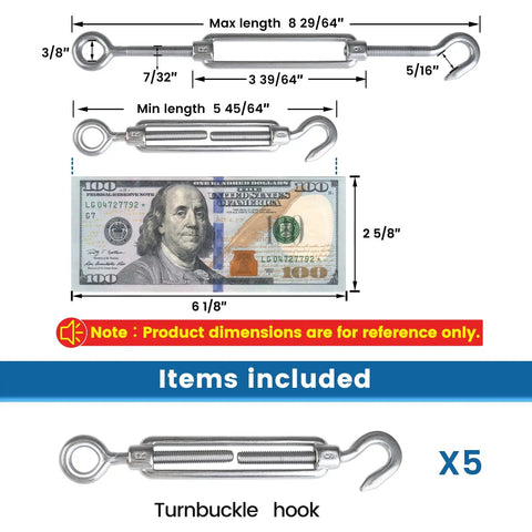 Top Shelf M6 Hook And Eye Turnbuckle 5 Pack For Cable Railings And Outdoor Fencing Heavy Duty Steel Hardware, dimensions shown.