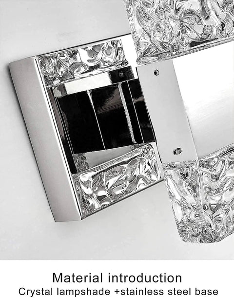 Close-up of Bathroom Led Crystal Vanity Light Over Mirror Four Lights Chrome Stainless Steel Wall Mount Vanity Fixture