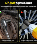 6 Piece Lug Nut Removal Kit For Damaged And Stripped Bolts in use with half inch drive wheel lock extractor socket and torque wrench