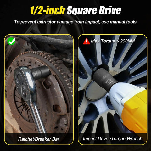 6 Piece Lug Nut Removal Kit For Damaged And Stripped Bolts in use with half inch drive wheel lock extractor socket and torque wrench