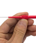 Four Pack 0.7mm Test Probe Pins With Non Destructive Insulation Piercing Needles held in hand, red color, side view