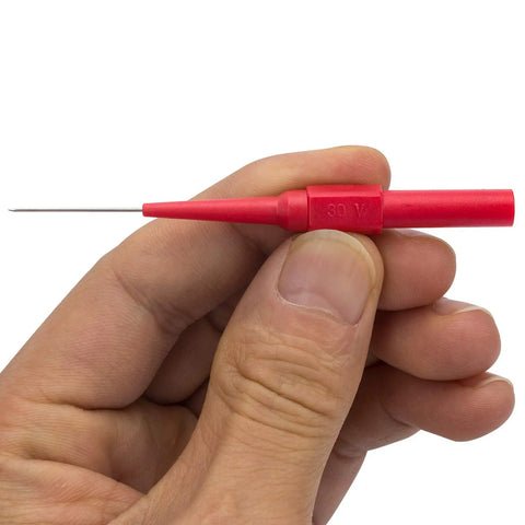 Four Pack 0.7mm Test Probe Pins With Non Destructive Insulation Piercing Needles held in hand, red color, side view