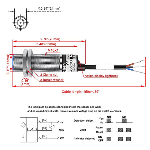 Diagram of Capacitive Proximity Sensor Shielded Type LJC18A3-5-Z/AX, 5mm Detection, 18mm Mounting Hole, 10-30V DC details