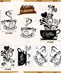 Four Piece Coffee Kitchen Wall Decal Set Removable Vinyl Wall Art Black Coffee Cup Designs For Home Cafe Shop Pub Decor DIY Sticker Sheets 35x25 cm Each Final Size 30x48 cm, showing various coffee cup illustrations on vinyl sheets.