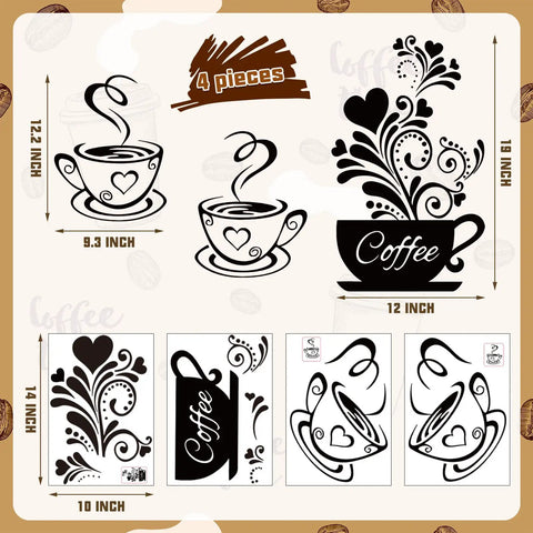 Four Piece Coffee Kitchen Wall Decal Set Removable Vinyl Wall Art Black Coffee Cup Designs For Home Cafe Shop Pub Decor DIY Sticker Sheets 35x25 cm Each Final Size 30x48 cm, showing various coffee cup illustrations on vinyl sheets.