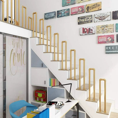 Straight Up Slick Modern Stairs Handrail For Indoor Outdoor Steps Easy Wall Mount Safety Banister Gold Finished on staircase