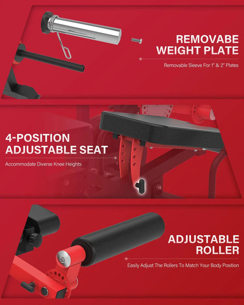 Close-up of Six In One Leg Extension And Curl Machine showing removable weight plate, adjustable seat, and roller.