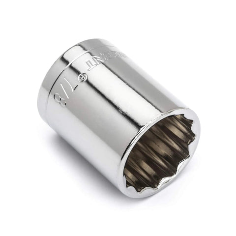 One Half Inch Drive 12 Point Standard SAE Socket Seven Eighths Inch Nickel Chrome Plated Chrome Vanadium Steel With Heat Treated Strength Mirror Polish Finish Corrosion Resistant Off Corner Loading For Easy Grip And Clean