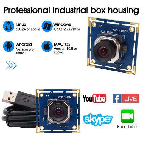 Front view of USB Camera Module With Autofocus 2MP 1080p FHD Industrial Grade Webcam 100fps High Frame Rate, shown with USB cable