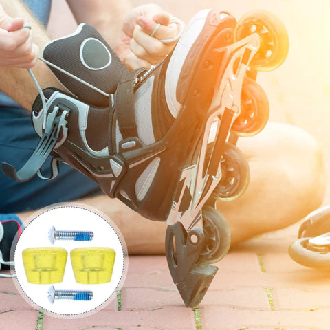 Person adjusting inline skate with Roller Skate Toe Stops And Plugs Set For Quad And Inline Skates, Wear Resistant Yellow Brake Heads