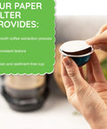 Hands placing paper filter on coffee capsule, promoting Coffee Pod Paper Filters For Nespresso VertuoLine Brewers Use With Reusable Caps.