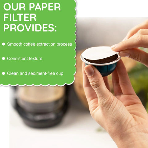 Hands placing paper filter on coffee capsule, promoting Coffee Pod Paper Filters For Nespresso VertuoLine Brewers Use With Reusable Caps.