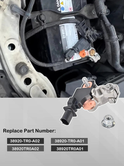 Direct Plug And Play Battery Current And Temperature Voltage Sensor For 2012 To 2015 Honda Civic Crv And 2013 To 2017 Acura Ilx Rdx installed on battery with OEM part numbers.