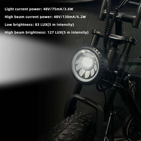 Lit LED Front Light With Horn For Night Riding On E Bike Waterproof 3 Pin Plug Color Changing Modes Low And High Beam Daytime Light Front Fork Mount For 36V 48V Fat Tire E Bikes