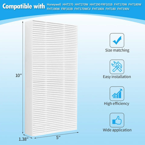 4 Pack H13 True HEPA Filter Replacement For Honeywell U HRF201B And Febreze FRF102B, shown with dimensions and features.