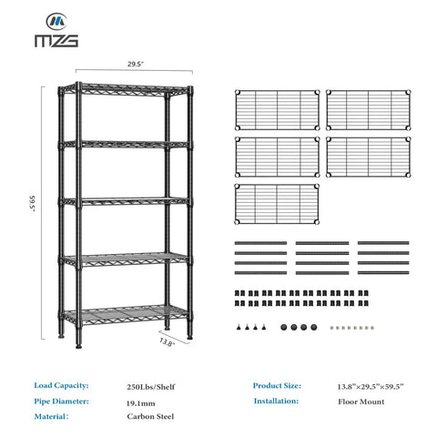 Heavy Duty 5 Tier Metal Storage Shelves with Wire Racks for Garage Kitchen Bathroom and Laundry, 1250 Lbs Capacity, Space Saving Freestanding Organizer, Black Finish, 13.8 D x 29.5 W x 59.5 H, dimensions shown