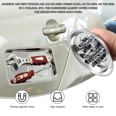Two Pack Magnetic Parts Tray Set, Heavy Duty Stainless Steel 3 Inch Round Magnetic Trays For Mechanics, Tool Tray For Screws Bolts Nuts Washers Pins And Metal Parts with hand holding tray attached to metal surface with tools visible.