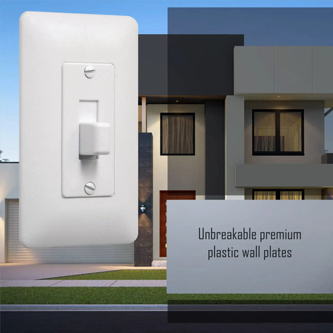 Masque 2000 Mid Size White 1-Gang Decorator Toggle Wall Plate displayed against modern house background.