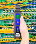 Person using All In One Optical Fiber Identifier With 10 mW VFL And 800 To 1700 Nanometers Fiber Detector in network room