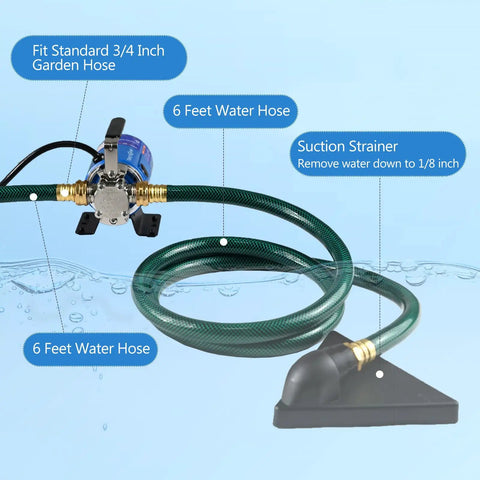 Compact 115V Water Transfer Pump With One Tenth HP Motor, 330 GPH Flow shown with 6-foot hoses and suction strainer