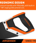 Close-up of a 20 Inch Black Coated Pro Grade Hand Saw With Ergonomic Non Slip Aluminum Handle For Precise 11 TPI Fine Cut And Heavy Duty Control.