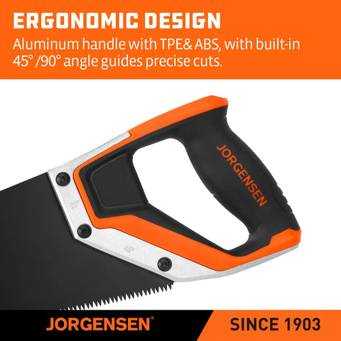 Close-up of a 20 Inch Black Coated Pro Grade Hand Saw With Ergonomic Non Slip Aluminum Handle For Precise 11 TPI Fine Cut And Heavy Duty Control.