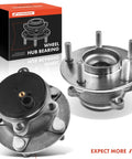 Two Rear Wheel Bearing And Hub Assembly For Mazda 3 2014 2018 And 3 Sport 2014 2018 With 5 Lug Pattern shown in packaging and detail view