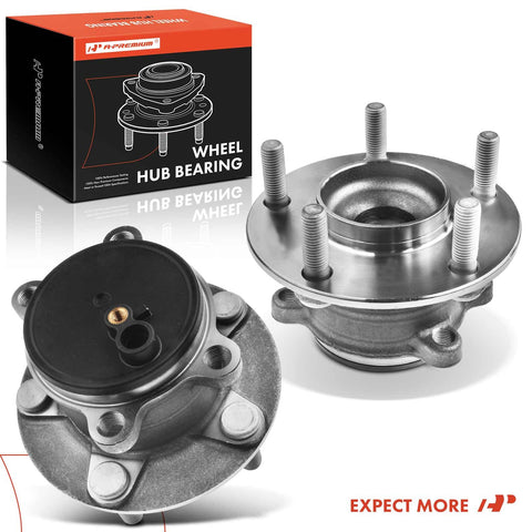 Two Rear Wheel Bearing And Hub Assembly For Mazda 3 2014 2018 And 3 Sport 2014 2018 With 5 Lug Pattern shown in packaging and detail view