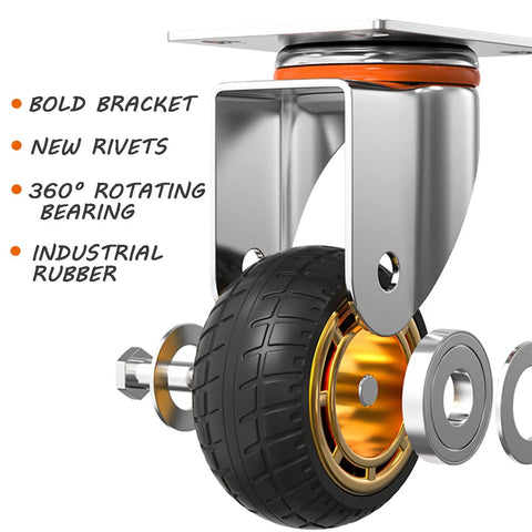 Built Tough 3 Inch Heavy Duty Rubber Swivel Casters With Locking Brakes Quiet Industrial Grade Wheels For Utility Carts Shop Furniture close-up of bracket and rubber wheel