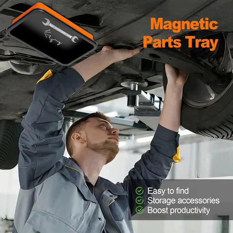 Mechanic using Heavy Duty Foldable Magnetic Parts Organizer With Three Silicone Trays For Bolts Nuts Washers And Small Tools.