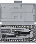 All In One Forty Piece SAE And Metric Socket Set With One Quarter Inch And Three Eighth Inch Drive Ratchet Extension Bar And Driver Handle in case.