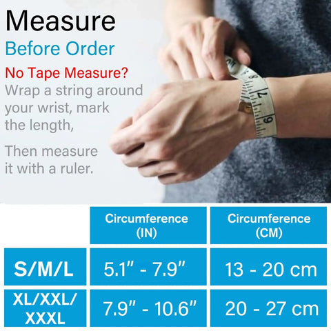 Person using tape measure for wrist size guide, essential for Carpal Tunnel Night Wrist Brace With Adjustable Fit And Four Splints.