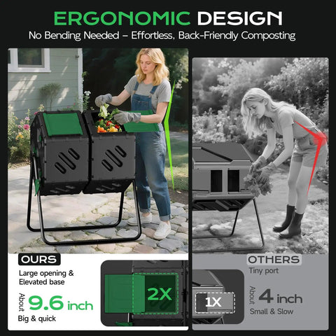 Dual Chamber 45 Gallon 170L Compost Tumbler with 360 Degree Rotating Design shown in outdoor setting for easy backyard use.