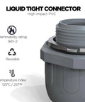 One Half Inch Liquid Tight NPT Non Metallic Conduit Connector For PVC Electrical Flexible Conduit Fittings close-up, grey, UL listed