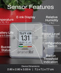 Portable Home Radon Detector With 10 Minute Readings, E Ink display showing radon level, temperature, humidity, and pressure.