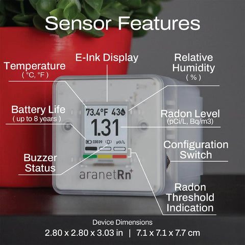 Portable Home Radon Detector With 10 Minute Readings, E Ink display showing radon level, temperature, humidity, and pressure.