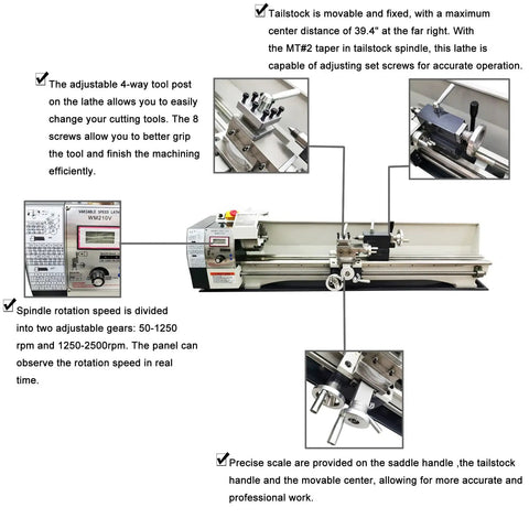 Precision Benchtop Mini Metal Lathe 8×39 Inch With Brushless Motor, Variable Speed 50-2500 RPM showing adjustable tool post and spindle controls.