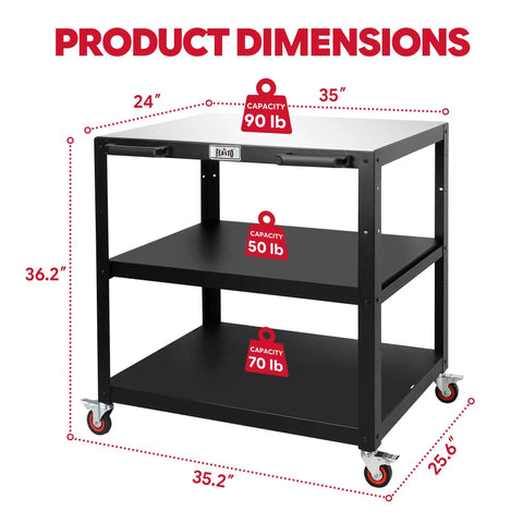 Heavy Duty Outdoor Pizza Oven Table 36 By 24 Inches With Locking Wheels 304 Stainless Steel Worktop Built Tough Three Shelf Prep Unit For Deck Patio BBQ And Parties, black frame with weight capacities shown