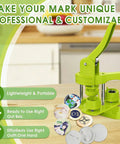 Super Easy Button Maker Machine Kit For Craft Lovers That Works Like Magic And Comes Complete With One Inch Badge Press Tools on a wooden table.