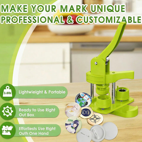 Super Easy Button Maker Machine Kit For Craft Lovers That Works Like Magic And Comes Complete With One Inch Badge Press Tools on a wooden table.