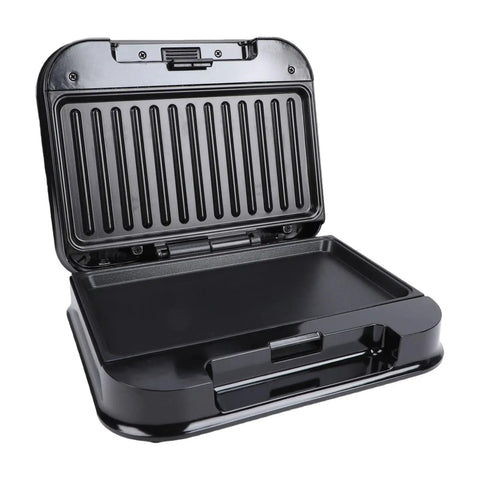 Wisoqu 750W Electric Panini Press Grill With Nonstick Plates open, featuring a nonstick cooking surface and grill marks.