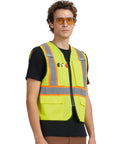 Level Up Your Road Ready Look With This Dope Yellow Hi Viz Safety Vest Featuring Bold Retro Reflective Stripes And Comfortable Unisex Fit For Day Or Night Shifts, shown on model