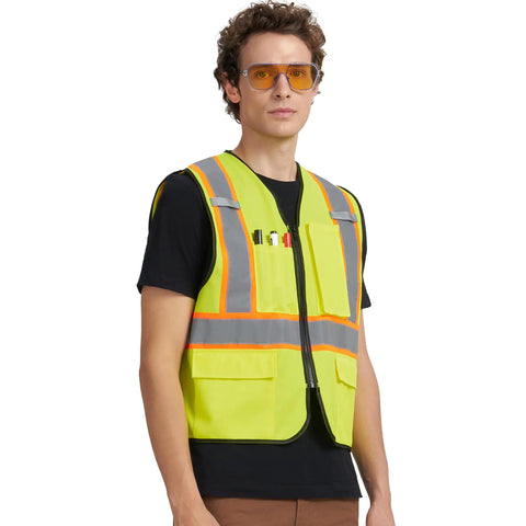 Level Up Your Road Ready Look With This Dope Yellow Hi Viz Safety Vest Featuring Bold Retro Reflective Stripes And Comfortable Unisex Fit For Day Or Night Shifts, shown on model