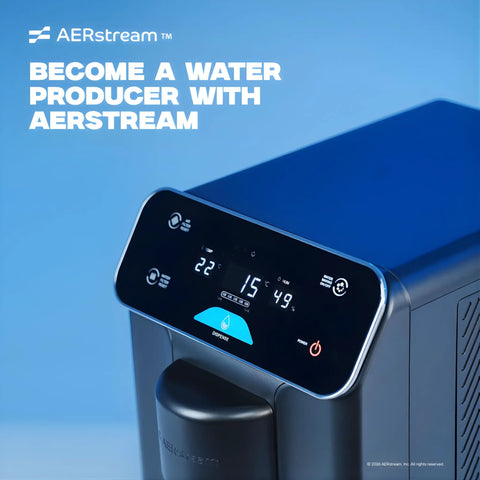 Digital display panel of AERstream water generator. GW Pro Daily Water Factory Atmospheric Water Generator Delivers 10 Liters Per Day Of Fresh Drinking Water From Humidity No Plumbing Needed With Multi Stage Filtration And UV C Purification For Clean Safe Hydration