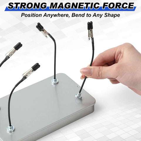 Magnetic Helping Hands Soldering Station with 12 clips and steel box in use, silver finish, showing setup for soldering and painting.