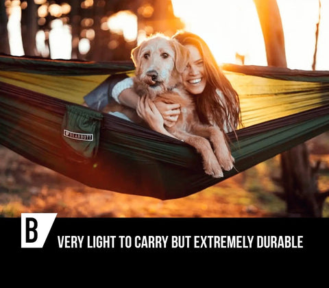Two Person Camping Hammock, Super Easy Setup And Take Down, 10 Ft Long By 6 Ft Wide Outdoor Hangout Lounger, woman with dog