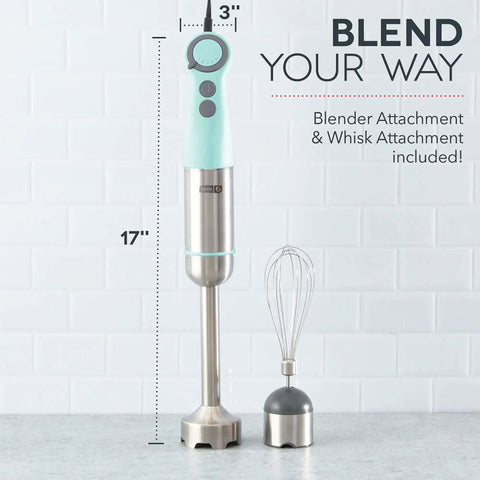 5 Speed 330 Watt Immersion Hand Blender With Stainless Steel Blades And Whisk Attachment For Soups Smoothies And Purees Hella Versatile Kitchen Game Changer That Blends Like A Boss In Sleek Aqua on countertop with dimensions.