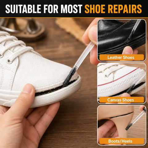 Heavy Duty Shoe Glue 30 Grams Clear Waterproof Flexible Adhesive For Sneak Restoration And Boot Craft applied on leather and canvas shoes.