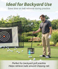 Man using No Bend Golf Ball Picker Upper With Turf Friendly Design For Backyard Practice And Training Quick Ball Retrieval Large Capacity Holder Easy On The Lawn Classic Black on grass with target net in background.